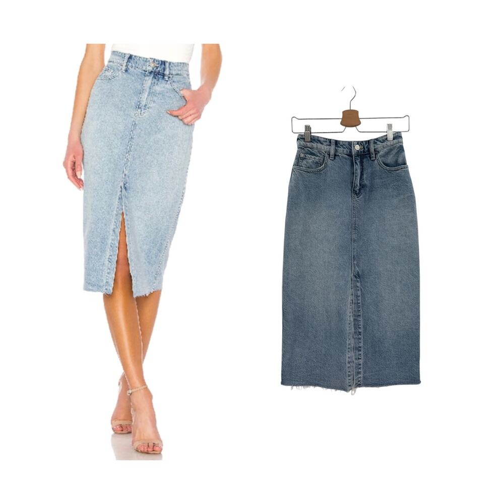 Free People Wilshire Denim Midi Skirt Light Wash Raw Hem High Rise Size‎ 25
